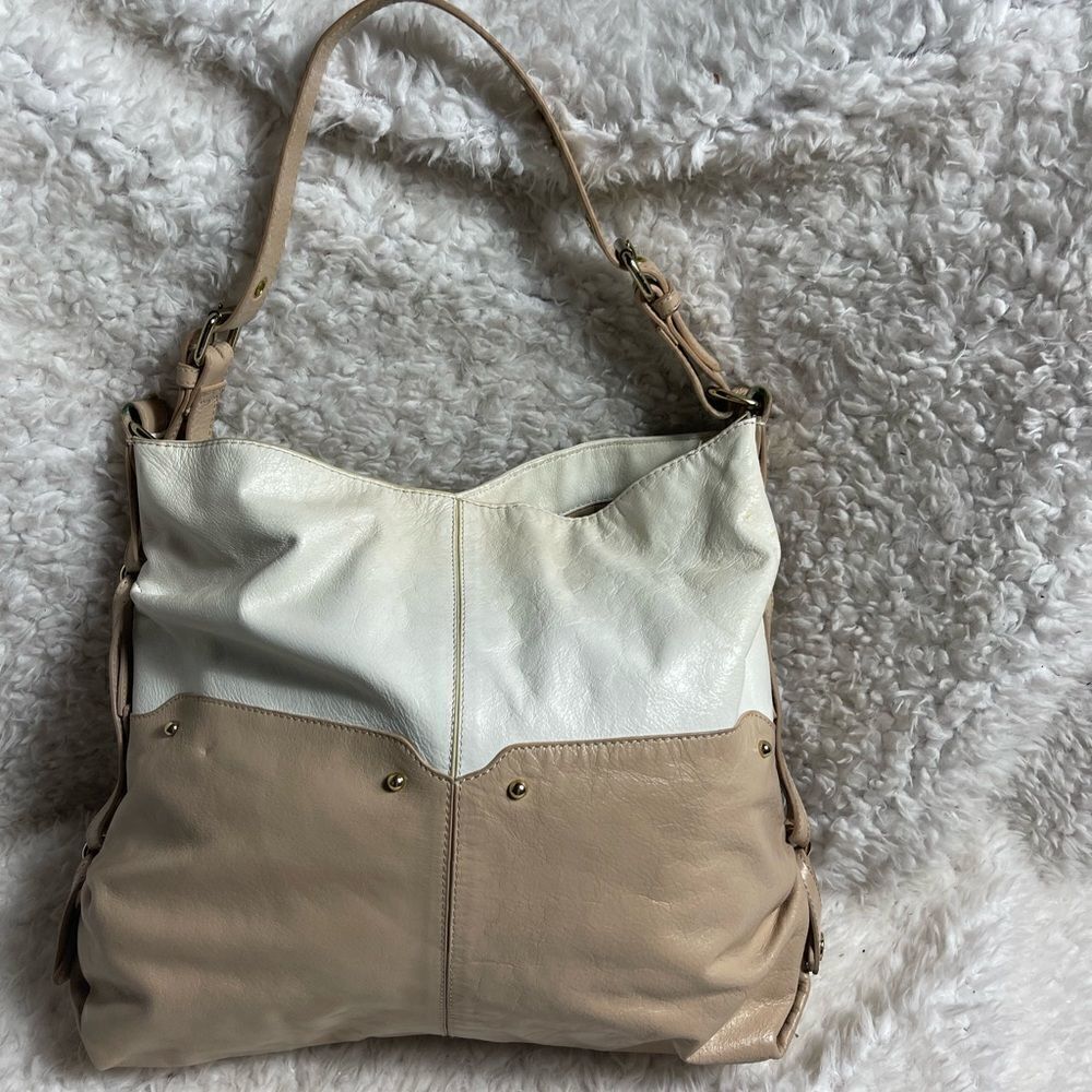 Badgley Mishka leather Tan & white shoulder bag gold tone hardwares & studs